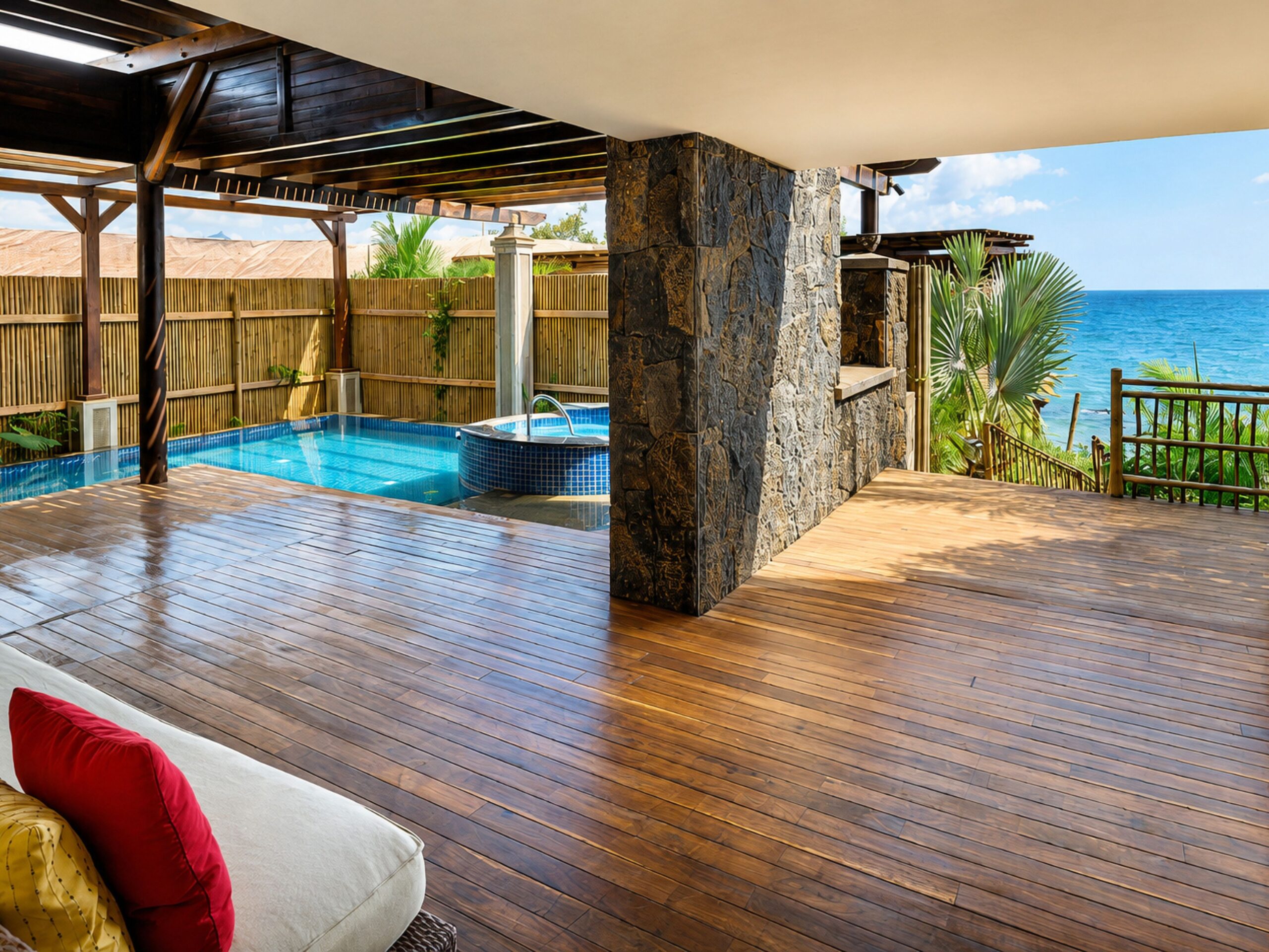 Keeping the ocean in view Complete privacy around the pool does not come at the expense of the setting. The suite has been designed so that guests can still appreciate the wide ocean outlook from the side of the terrace. The sea remains visible, while the enclosed arrangement of the pool area provides a greater degree of seclusion. This is a subtle distinction, but an important one when choosing oceanfront luxury accommodation in Mauritius. The most desirable beachfront suites are often those that manage to combine two seemingly competing qualities: openness towards the landscape and enclosure where privacy matters. At this suite, the view belongs to the experience rather than being something that guests have to sacrifice in order to feel secluded. A different interpretation of beachfront luxury The other beachfront pool suites at Le Jadis approach privacy somewhat differently. Their positioning, tropical landscaping and natural privacy screens create separation while retaining a direct relationship with the sea. This balance is deliberate. Tropical greenery and carefully considered landscaping can soften sightlines between spaces, allowing guests to enjoy their pool and terrace with a degree of privacy while maintaining the openness expected from a beachfront stay. The Ultimate Privacy suite takes that principle further through its enclosed outdoor arrangement. It is therefore not simply another category of private pool accommodation. It represents a different response to the question of what guests want from a premium beachfront stay in Mauritius. Some travellers want to feel completely immersed in the scenery. Others want the scenery without feeling observed. For the latter, architectural privacy can be as valuable as the ocean view itself.